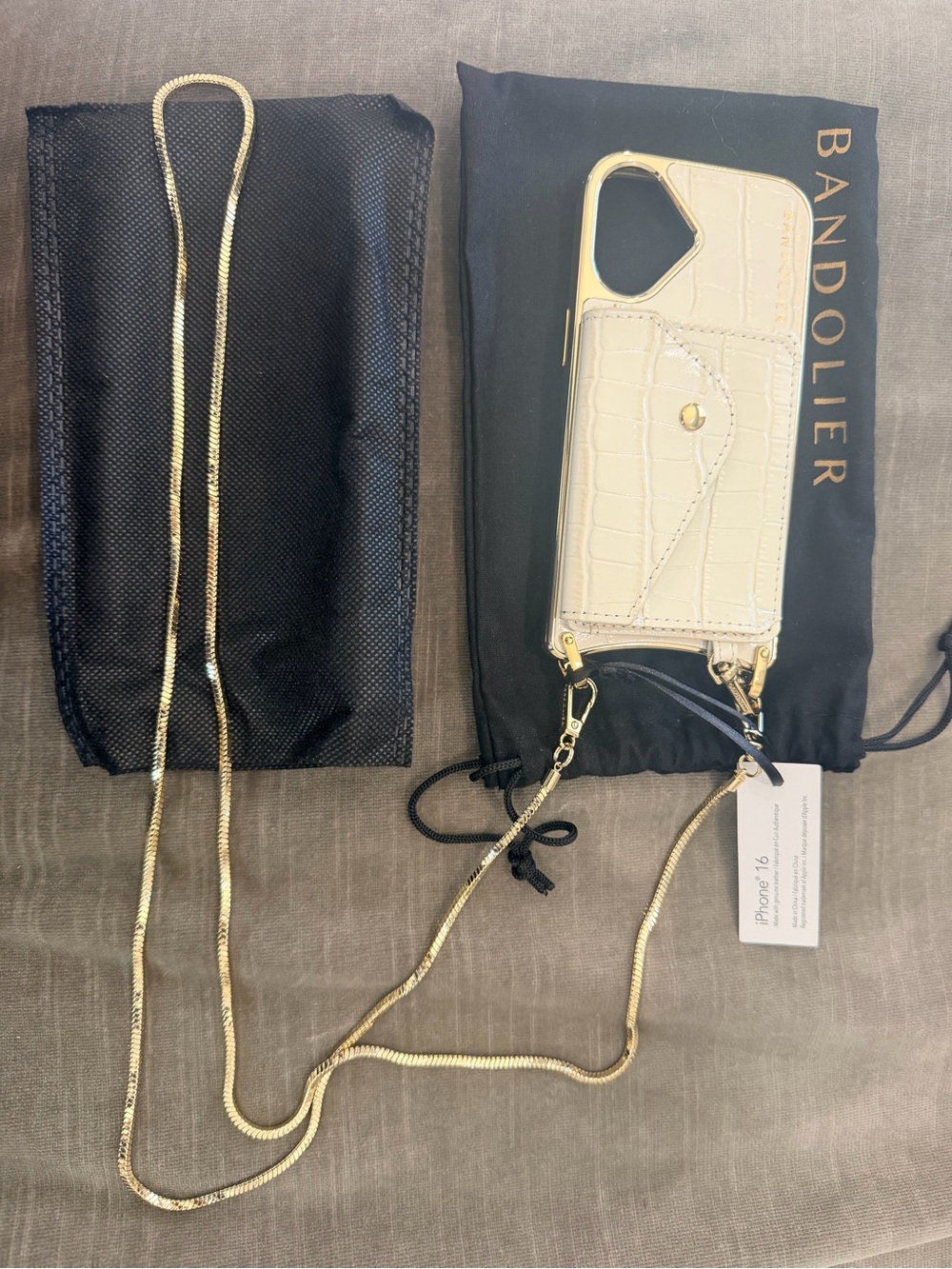 Bandolier Cream Croc Crossbody Phone Case with Gold Chain